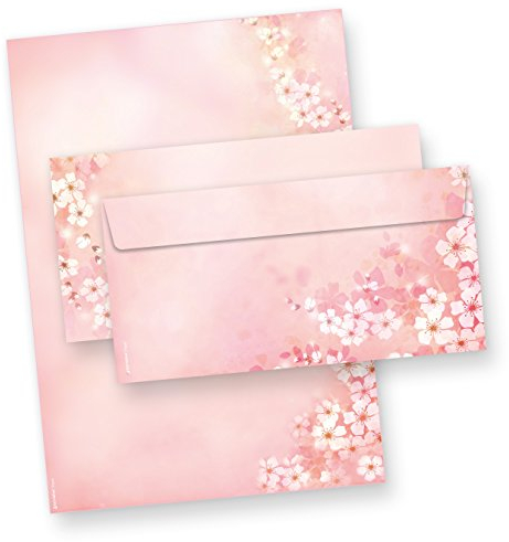 Briefpapier mit Umschlag Set Frühling Kirschblüten 100 Sets Papier DIN A4 beidseitig floral Natur nachhaltig für Frauen Erwachsene Brief Set