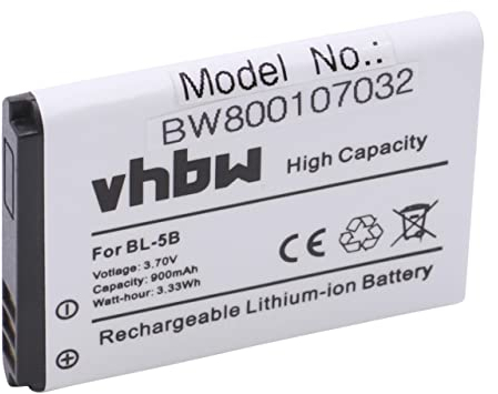 vhbw Li-Ion Akku 900mAh (3.7V) kompatibel mit Smartphone, Telefon, Handy MINOX DCC 5.1, Mustang M31 Ersatz für Nokia BL-5B.