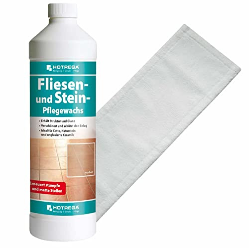 HOTREGA Pflegewachs Konzentrat 1L | Glanzpflege für Fliesen & Stein | Inkl. 40cm Microfasermopp | Schutzfilm gegen Schmutz | Ideal für Cotto, Marmor, Granit, Ziegel & Schiefer | Polierbar