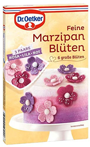 Dr. Oetker Feine Marzipan Blüten, 6 Stück, große Blüten aus Marzipan mit Dekorzucker, Ø 4 cm, zum Dekorieren von Torten, Kuchen & Cupcakes, florale Kuchendeko in Rosa, Lila und Rot