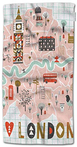 HGOD DESIGNS Handtuch, London, London, Cartoon-Karte von London mit Legende-Symbolen, Handtuch für Badezimmer, Küche, Bad und Handtücher, 76,2 cm L x 38,1 cm B