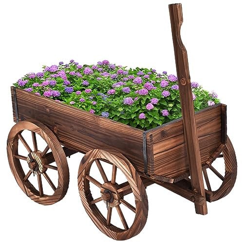 COSTWAY Fioriera da Esterno in Legno a Forma di Carrello, Carriola Portafiori dal Design Vintage, Decorazione per Giardino e Cortile, Marrone