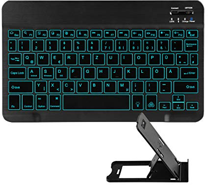 Bluetooth Tastatur Universal Tragbare QWERTZ Deutsche 7-Farben-Wieder beleuchtete wiederaufladbare Tastatur für iOS Android Windows PC Tablet Mac Smartphone,mit Tablettenständer