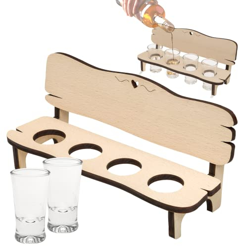 Smart-Planet Schnapsbank Holz Bank Optik - Rustikales Schnapstablett inkl. 4 Schnapsgläser - Serviertablett für Schnaps und Shotgläser - Party Hit