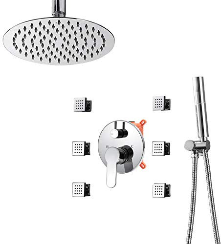 Duscharmatur Unterputz Regendusche Set, Bad Duscharmaturen Regenfall Mit 6pcs Drehen Massage Jet Decke Installieren 10 Regenduschkopf Mit Handbrause Und 1,5m Duschschlauch Kit,Chrome,Round