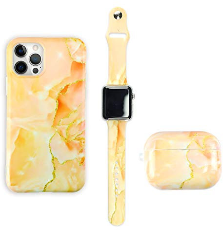 Makzib Matching Case compatible with iPhone 12 pro max,Airpods case 1 & 2 with Watch band. Marble design Thin slim Glossy 3 in 1 protective cases (42mm/44mm, Marble Pink & Blue)