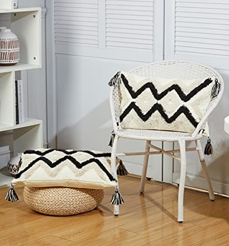 Juliyeh 2 Stück Boho Kissen 30x50cm Kissenbezüge Boho Deko Kissen Dekorative Kissenbezug Quasten Getuftet für Kissen Super Weich Sofakissen für Schlafzimmer Wohnzimmer Auto Beige+Schwarzes