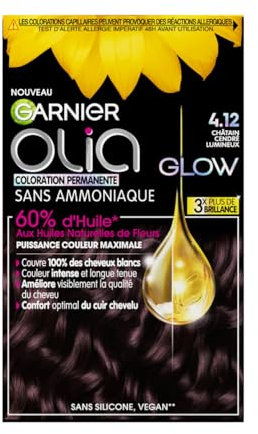 Garnier Olia Glow Permanente Haarfarbe, ohne Ammoniak, mit natürlichen Blütenölen, helles Aschbraun (4.12)