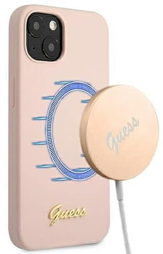 Guess GUHMP13MLSLMGLP Case for iPhone 13 6.1 Inch Light Pink Silicone Script Gold Logo Magsafe