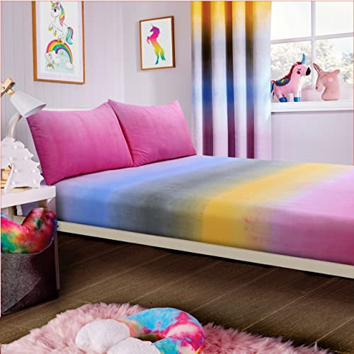 Olivia Rocco Unicorn Rainbow Fitted Sheet Set with Pillow Case Quilt Fitted Sheet Pink Kids Bedding Set Soft Easy Care Kids Children's Bedding Quilt Bed Cover (Double Fitted Sheet Set)