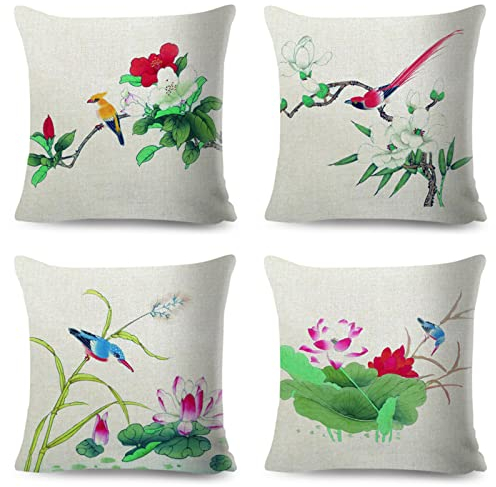 Heeboode 4er Set Kissenbezug 55x55 Kissenhülle, Baumwolle Leinen Dekorative Zierkissen Lotus 4er Set Dekokissen Kissenhülle Outdoor Kissen Sofakissen Couchkissen für Home Deko Kissen Wohnzimmer