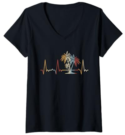 Damen Herzschlag Palmen T-Shirt mit V-Ausschnitt