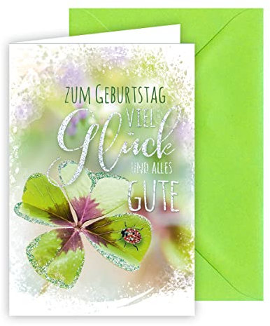 KE - Exklusive Glitzer-Geburtstagskarte, DIN B6 Format, Inklusive passendem Umschlag, Ideal als besonderes Geschenk, Motiv: Kleeblatt
