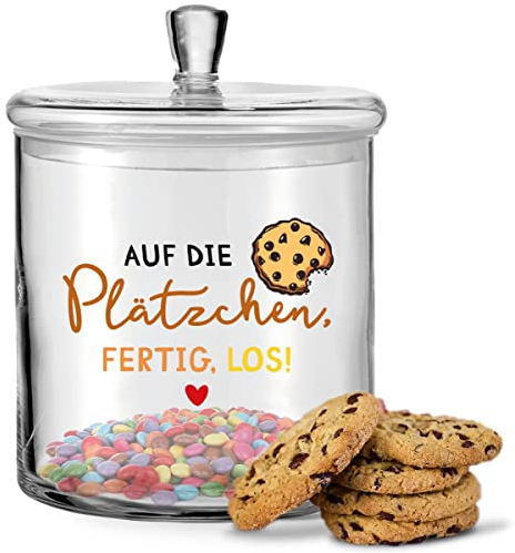 GRAVURZEILE Leonardo Keksglas mit Gravur - Auf die Plätzchen, fertig, los - Keksdose mit luftdichtem Deckel - als Geschenk für Freunde & Familie zu Weihnachten Farbe mit UV-Druck