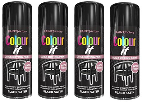 PNJB, Satin Black Paint Aerosol Colour It Spray, Quick Drying DIY Plastic Metal Wood, Professional Satin Finish Spray Wood Color Paint 250ml (4 Pcs)