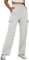 Trendy Queen Cargo-Sweathose für Damen, weites Bein, weit geschnitten, Fleece, hohe Taille, Sporthose, mit Taschen, GRAU, M