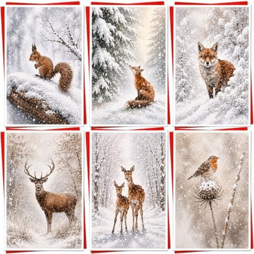 Weihnachtskarten für Wohltätigkeitsorganisationen, 30 Stück, 6 einzigartige Waldtiere, verschneite Winter-Tierszenen-Designs, festliche Jahreszeiten, Grüße für Freunde, Familie 2023
