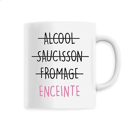 Mug grossesse Alcool, saucisson, fromage, enceinte - Pour femme - Imprimé en France - Tasse originale en céramique - Cadeau annonce grossesse maman original rigolo (Blanc)