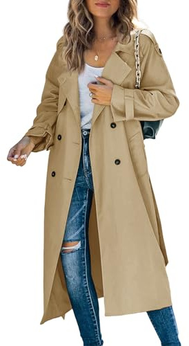 Makkrom Damen-Trenchcoat, doppelreihig, langer winddichter Mantel mit klassischem Revers und Gürtel, schmale Passform