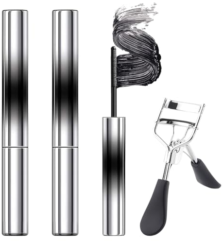 2PCS 3D Curling Eyelash Iron Mascara, Waterproof, Curling Iron, Natural Thickening Lengthening Long Lasting Bristleless Mascara with Eyelash Curler (Black)