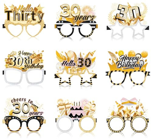 Konsait 30th Birthday Glasses, 18pcs 30th Themed Paper Squares, Handout Favors for Party Decor, Cheers to 30, Hello Thirty, Durable Cardstock