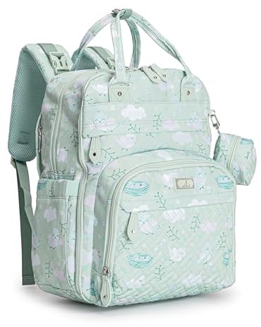 BabbleRoo Wickeltaschen-Rucksack – Baby-Essentials, Reise-Essentials Babytasche mit Wickelunterlage, Kinderwagengurten und Schnullertasche – Unisex, grüner Vogel