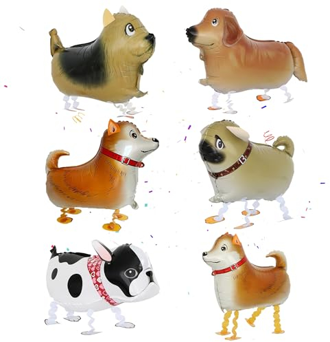 6 Stück Walking Hund Folienballons - Walking Tierballons, Welpe Folienballons, Akita Inu, Mops, Bulldogge, Collie, Foxterrier, Golden Retriever Folien Hund Ballon für Kinder Geburtstag Party Geschenk