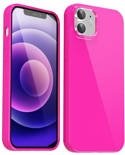 Svanove for iPhone 12 Mini Case Silicone, Glossy Soft Rubber Gel Jelly Cute Protective Plastic Simple Plain Phone Case Cover for Women Girl, Slim Thin Flexible Shockproof TPU, Neon Hot Pink
