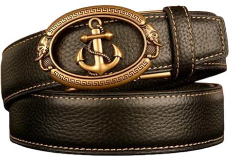 AGUTALITHIC Herren Gesteppter Ledergürtel,Ratsche Gürtel Für Männer Kleid Automatik Schnalle Geschnitztes Hohl Anker Doppelter Elefantenkopf,Breite 35mm(120cm/47, Gold)
