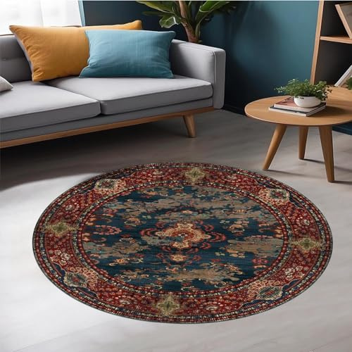 bamyum Kinevart Runder Teppich 160 cm Waschbar Vintage Chenille | Rundteppich Orientalisch Persischer Boho rutschfest Küchenteppich Schlafzimmerteppich Multicolor waschbarer Teppich Esszimmer