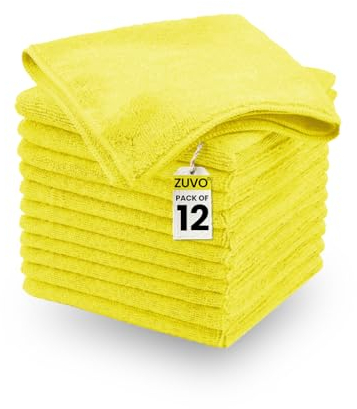 Zuvo Microfibre Cloth Pack of 12 (32x32 cm) - Ultra-soft, Highly Absorbent, Lint-Free Cleaning Rags,Reusable Large Cloths for Home, Office, Car Care, and Glass in Yellow