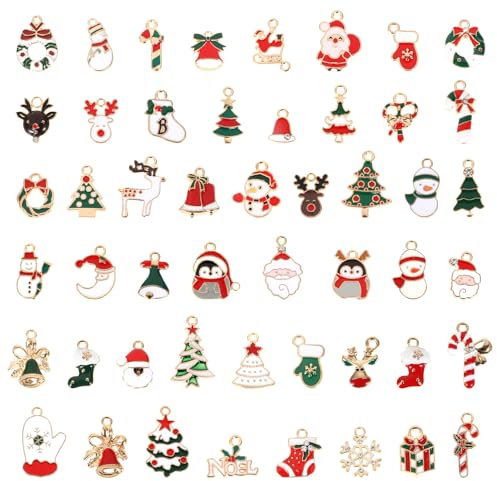 Amabro 50 Stück weihnachtsanhänger klein Emaille,weihnachts anhänger charms baum anhänger weihnachten,charm weihnachten mini weihnachtsbaum deko kleine weihnachtsanhänger weihnachtsdeko für geschenke