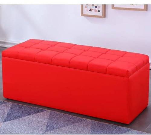 Luxuriöse rote Leder-Fußstütze, Sitzbank mit klappbarem Deckel, Aufbewahrung, Eingang, Schuhbank, Sitz, Organizer, Schrank, Ende des Bettes, Bank, Eckbank, 100 x 40 x 40 cm