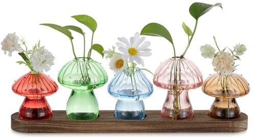 Glasseam Pilz Vase Propagation Station: Glas Vasen Klein mit Holz Ständer - Mini Glasvasen Bunt für Indoor Home Wohnzimmer Büro Tisch Regal Deko - Lovely Blumenvasen Set von 5 für Pflanzen Hydrokultur