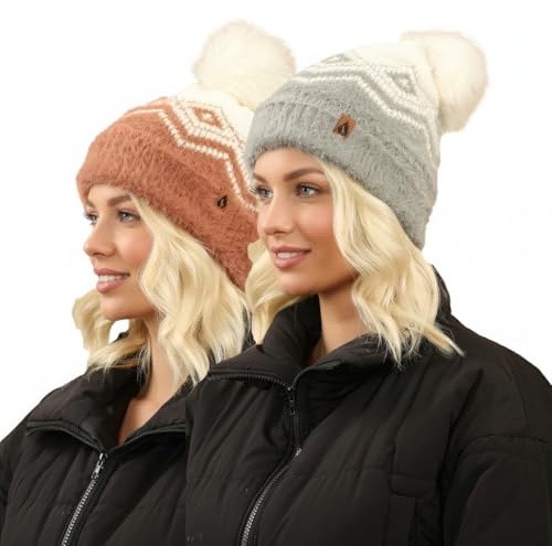 A2Z Women Fluffy Knit Bobble Beanie Hats 2 Pack Winter Fashion Style | Soft Stretch Faux Fur Pom Pom Caps Offering Cosy Comfort For Cold Days