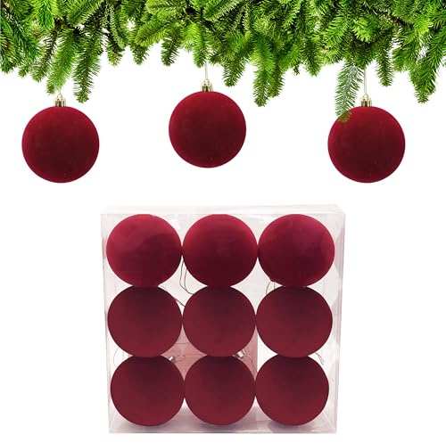 9tlg Weihnachtskugeln Samt Rot ∅ 8cm, Christbaumkugeln Rot Velvet, Weihnachtsbaumschmuck mit Aufhängeband, Christbaumschmuck Plastik, Weihnachtsbaum Deko
