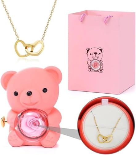 Gokame Collier en forme de cœur gravé avec véritable ours en rose, Engraved Heart Necklace, cadeau pour femme avec collier en forme de cœur, pour femme, Noël, Saint-Valentin