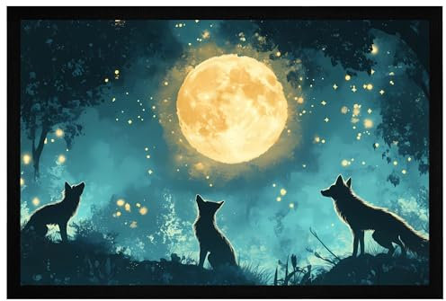 Momentals® Fußmatte – Wölfe im Mondschein | Vollmond & Wald | 60x40cm | rutschfeste Rückseite
