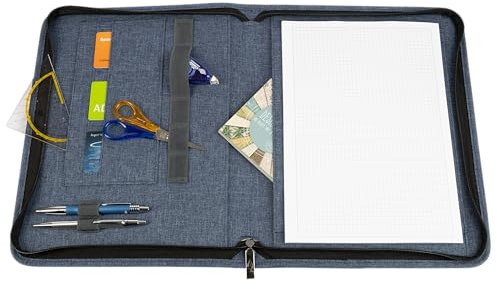 WEDO Schreibmappe A4 Denim mit Reißverschluss, Farbe Blau, 3 Kartensteckplätze, Steckplätze mit elastischem Gummiband für Stifte, großes Blätterfach hinter der Schreibfläche, kleines Linealfach