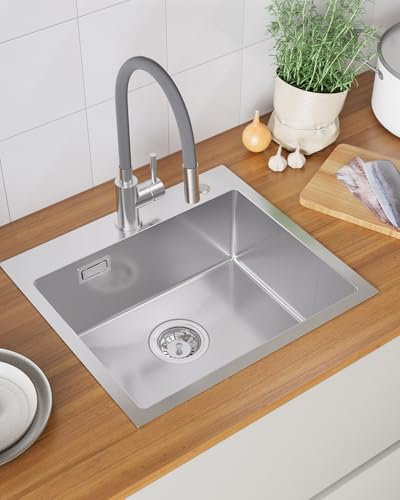 Sofetiy Évier de cuisine, 50 × 45 cm, rectangulaire, en acier inoxydable, moderne, évier de cuisine SUS 304, lavabo de cuisine avec siphon, meuble bas à partir de 50 cm, évier en acier inoxydable avec