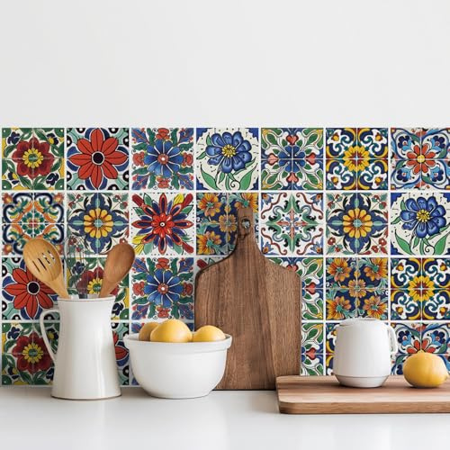 30 Stück mediterrane Peel-and-Stick Wandfliesen-Aufkleber – Wasserdichte Vinyl-Aufkleber für Küchenrückwand, Badezimmer, Setzstufen-Dekoration – Spanisches Blumenmuster – 10,2 x 10,2 cm
