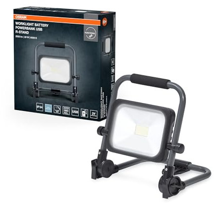 Osram VAL BAT LED-Worklight, dunkelgrau/schwarz, 20W, 2000lm, kaltweiße Lichtfarbe, batteriebetrieben, USB-Ladefunktion dank integrierter Power Bank, tragbar, IP54 Schutzklasse, 6500K