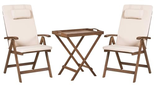 Beliani Rustic Garden Bistro Balcony Set Natural Solid Acacia Table 2 Chairs Folding with Light Beige Cushions Amantea Premium