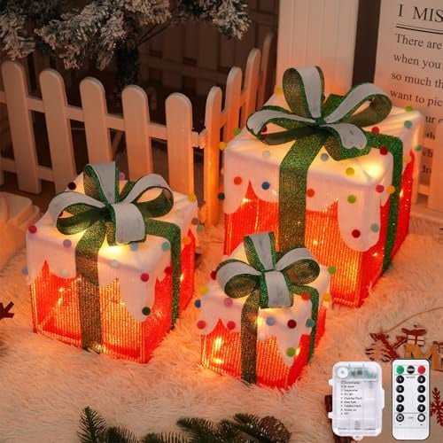Arespark 3er Set LED Geschenkbox Weihnachten, 8 Modes Weihnachts Beleuchtung mit Fernbedienung, 50 LED WeihnachtsGeschenkboxen Batteriebetrieb für Wohnzimmer, Fenster, Weihnachtsbaum, Weihnachtsdeko