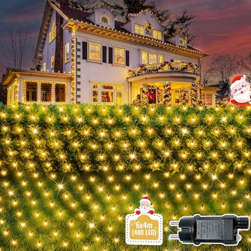 Soontrans LED Lichternetz 6x4m 480 Warmweiße LED, Großflächig Beleuchten, Lichtervorhang Erweiterbar & 8 Modi & Speicherfunktion & IP44 Wasserdicht & mit Trafo, Weihnachtsbeleuchtung für Innen Außen