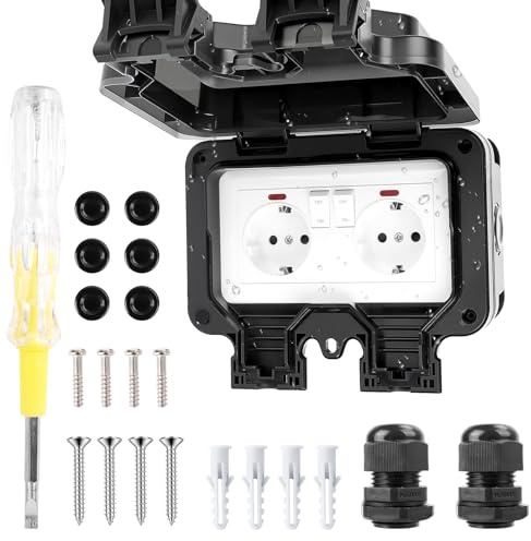 Kuvarix Prise Exterieure Etanche IP66 avec Interrupteur et Voyant Lumineux, Prise Etanche Exterieur en Saillie pour le Jardin, Espaces Extérieurs et Garage