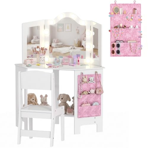 AIYAPLAY Kids Dressing Table and Stool Set with 2-Colour LED Lights White | Kids Vanity Set, Tri-Folding Mirror, Side Storage Pocket, Children Makeup Desk, Ages 3-8 Years