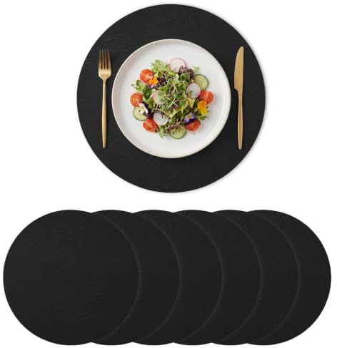 Artoid Mode Schwarz PU Faux Leather Round Platzsets 6er Set, 38cm Tischsets Schmutzabweisend Hitzebeständig Platzdeckchen Küche Deko