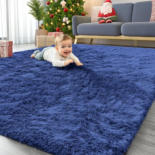 Homaxy Hochflor Waschbar Groß Teppich Wohnzimmer 300 x 400 cm, Marine Blau | Anti-Rutsch Unterseite Teppiche, Flauschig Teppich fürs Kinderzimmer, Schlafzimmer