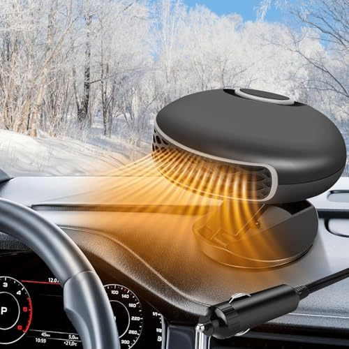 Chuankefanxing Auto Heizung, 12V 150W Heizung und Defroster mit 2-in-1 Heizlüfter und Kühlfunktion mit 360° Drehbasis, Auto Windschutzscheibe Defroster, Zigarettenanzünder Heizung Auto Winter